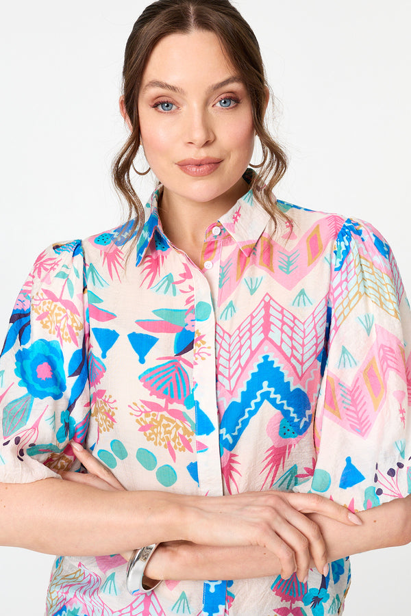 Blue | Abstract 1/2 Puff Sleeve Buttoned Shirt