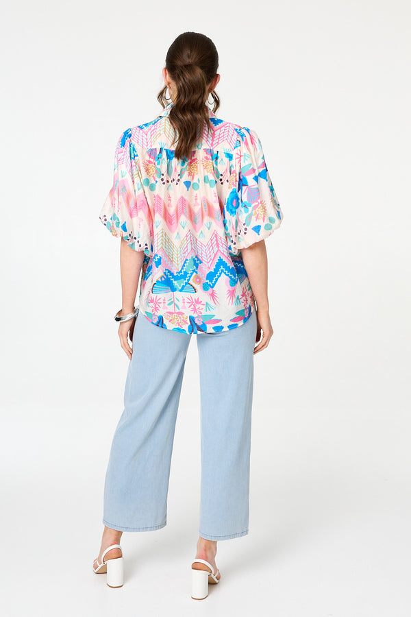 Blue | Abstract 1/2 Puff Sleeve Buttoned Shirt