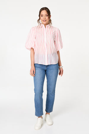 Pink | Striped 3/4 Puff Sleeve Shirt