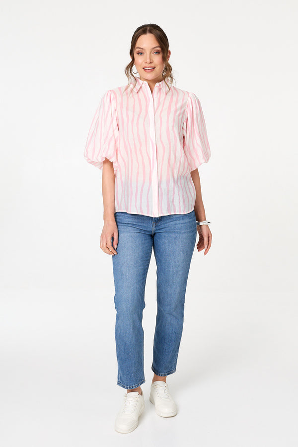 Pink | Striped 3/4 Puff Sleeve Shirt