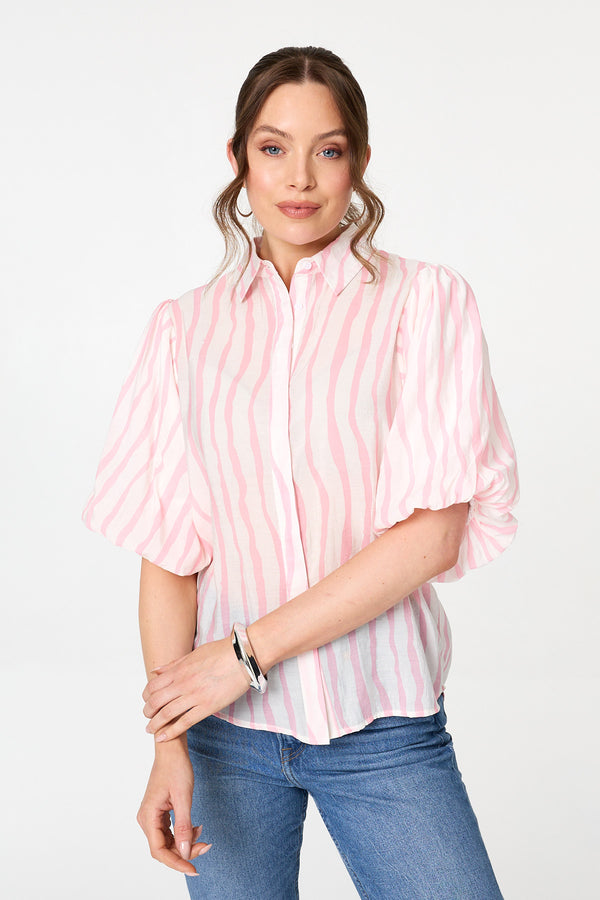 Pink | Striped 3/4 Puff Sleeve Shirt