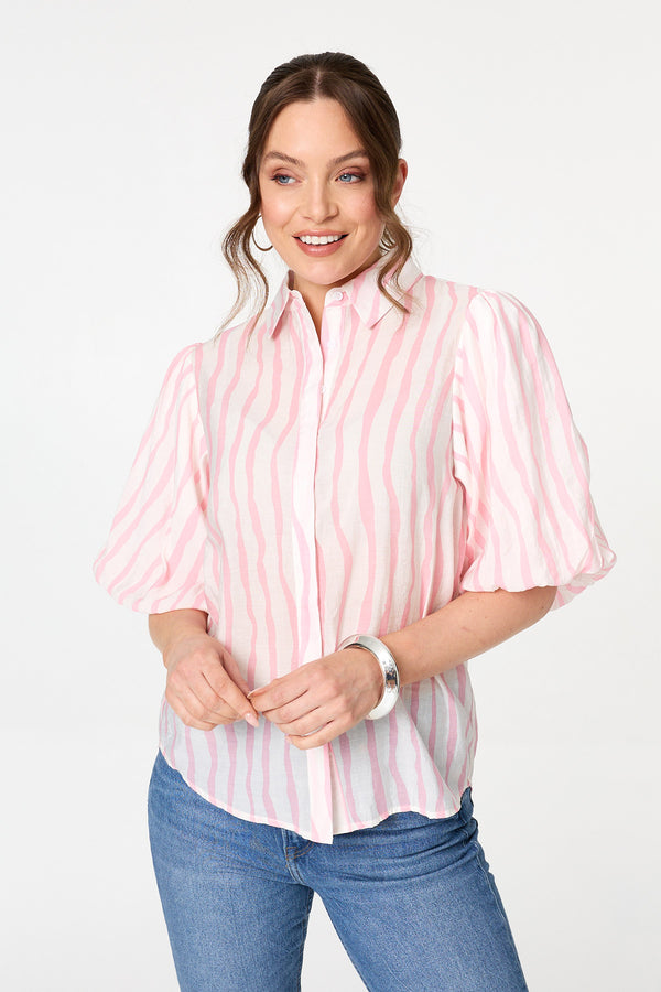Pink | Striped 3/4 Puff Sleeve Shirt