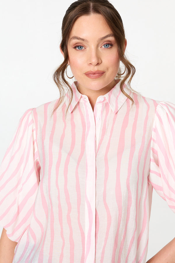 Pink | Striped 3/4 Puff Sleeve Shirt