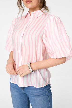 Pink | Striped 3/4 Puff Sleeve Shirt