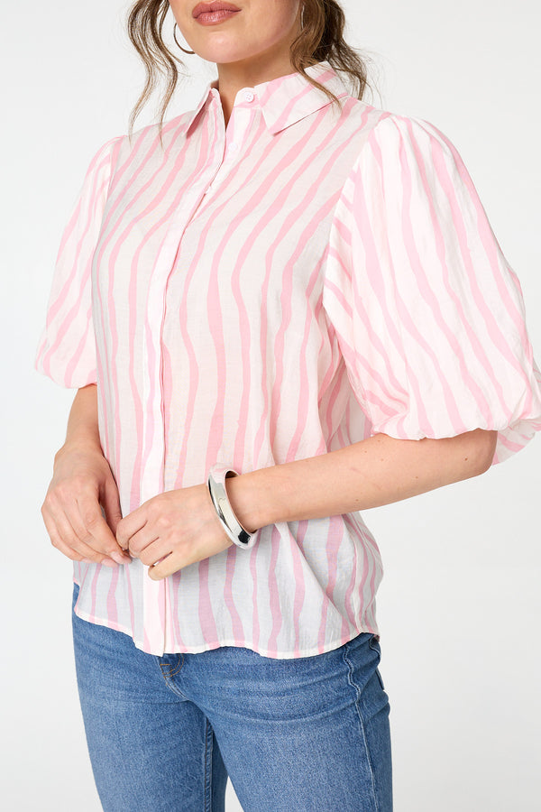 Pink | Striped 3/4 Puff Sleeve Shirt