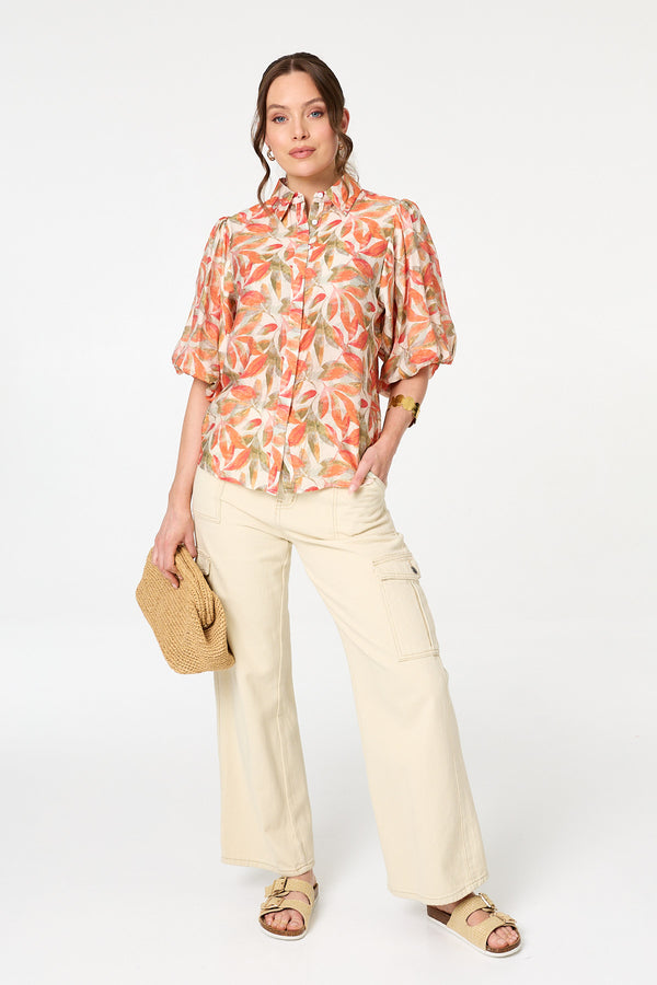 Orange | Leaf Print 1/2 Puff Sleeve Shirt