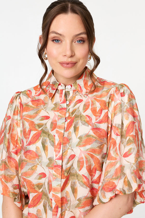 Orange | Leaf Print 1/2 Puff Sleeve Shirt