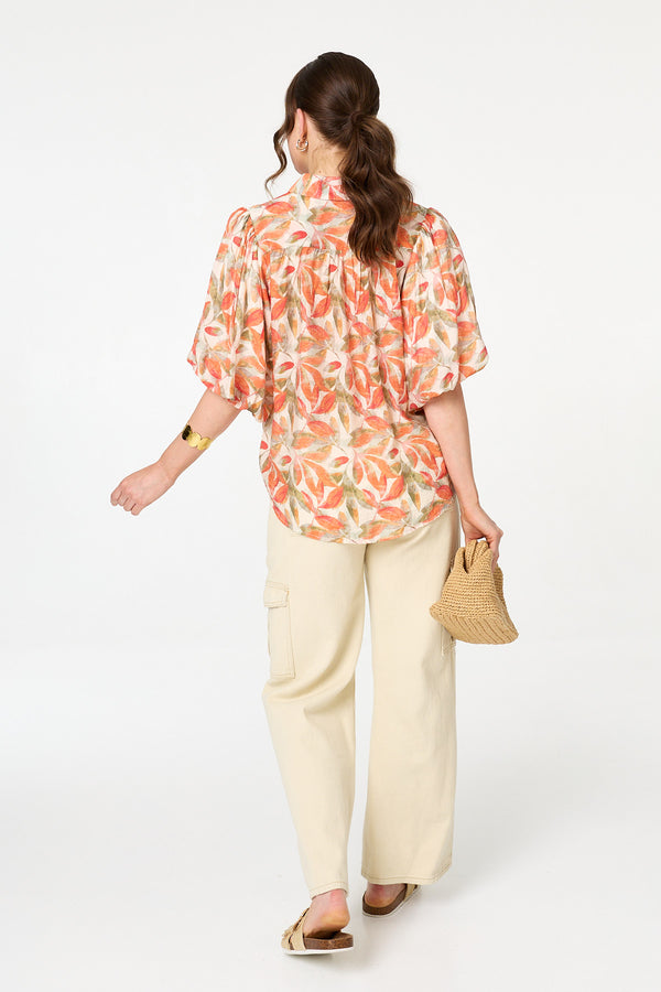 Orange | Leaf Print 1/2 Puff Sleeve Shirt