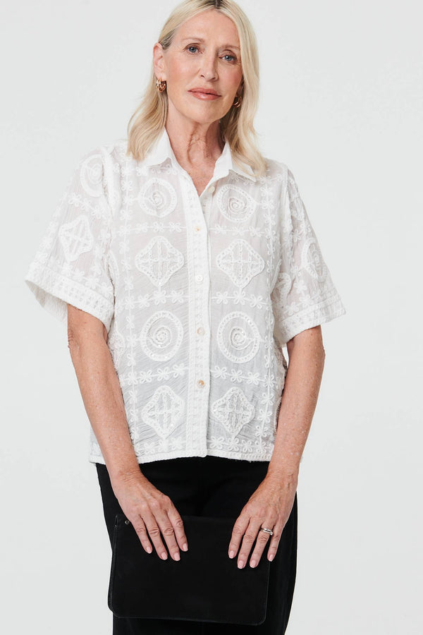 White | Sparkly Embroidered Texture Shirt