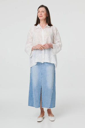 White | Floral Embroidered Long Sleeved Shirt