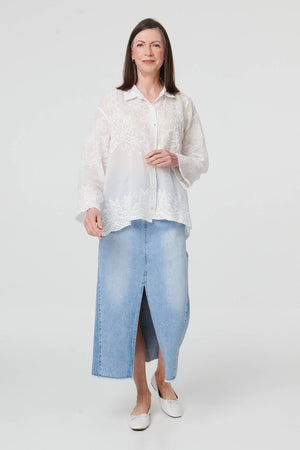 White | Floral Embroidered Long Sleeved Shirt