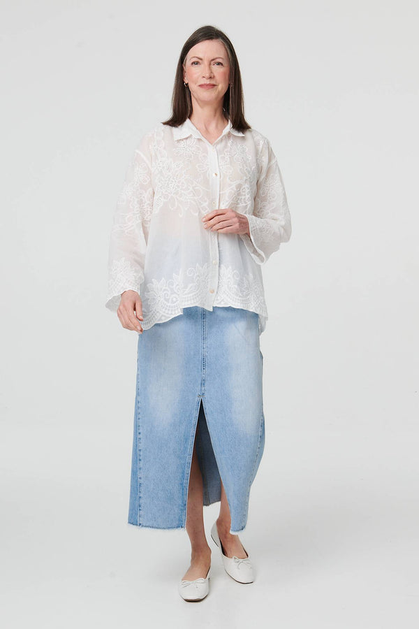 White | Floral Embroidered Long Sleeved Shirt