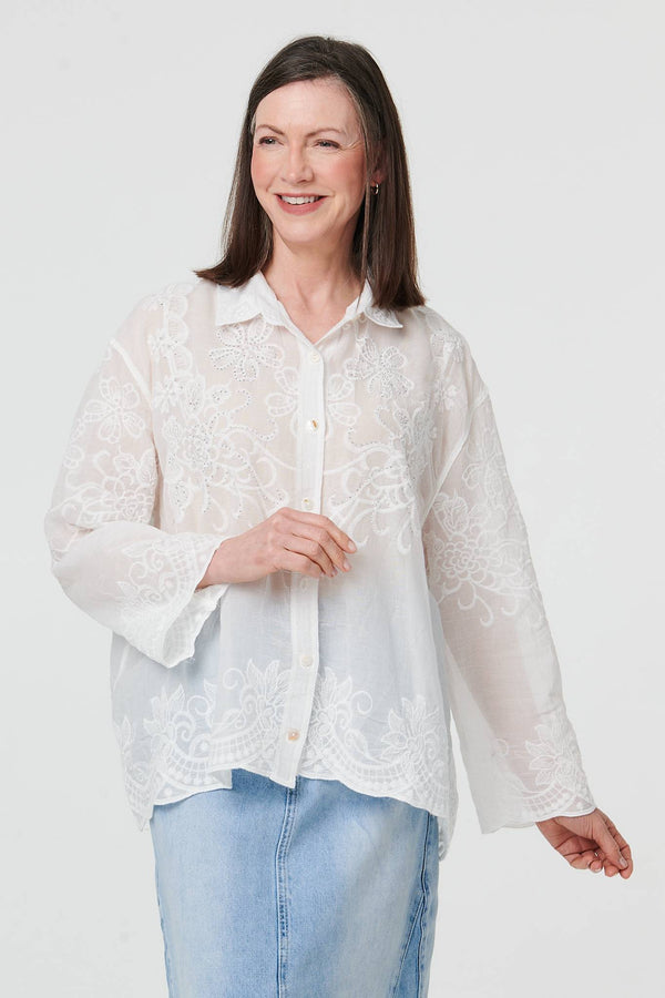 White | Floral Embroidered Long Sleeved Shirt