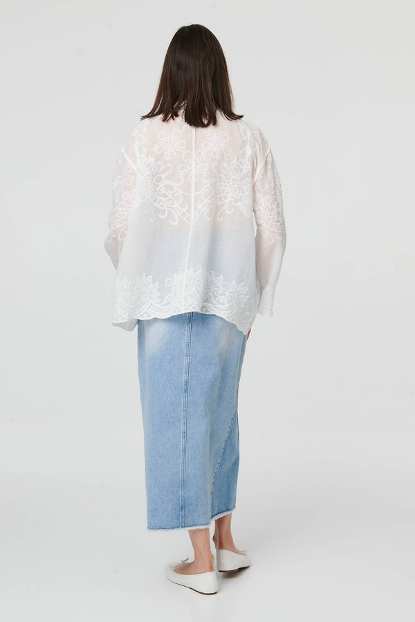 White | Floral Embroidered Long Sleeved Shirt