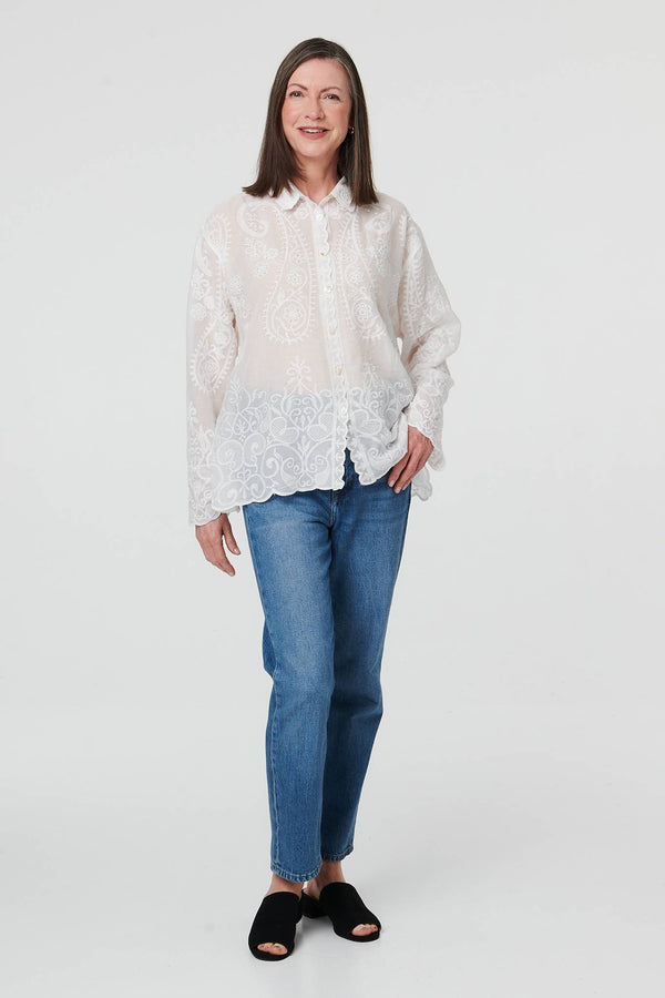 White | Embroidered Sparkle Long Sleeve Shirt