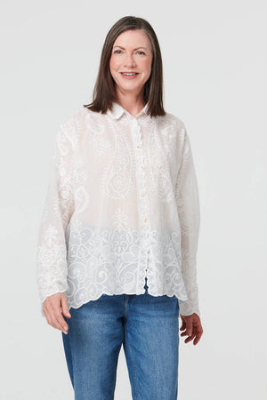 White | Embroidered Sparkle Long Sleeve Shirt