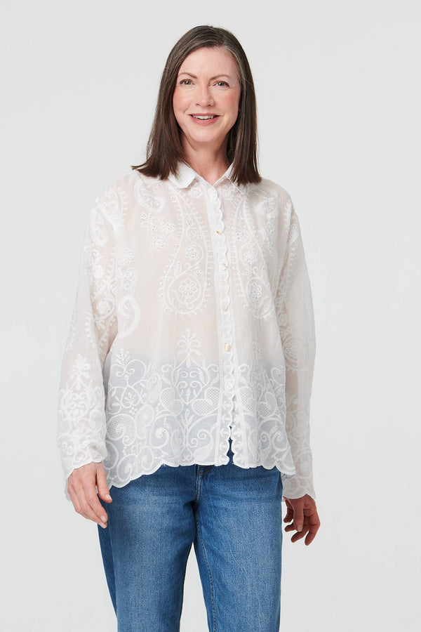 White | Embroidered Sparkle Long Sleeve Shirt