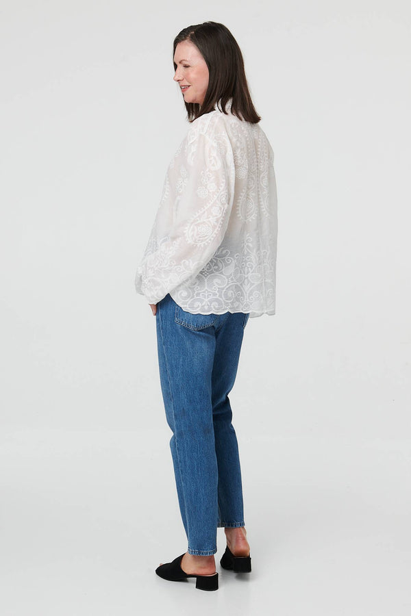 White | Embroidered Sparkle Long Sleeve Shirt