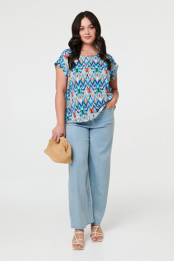 Blue | Curve Printed Cap Sleeve Relaxed Blouse
