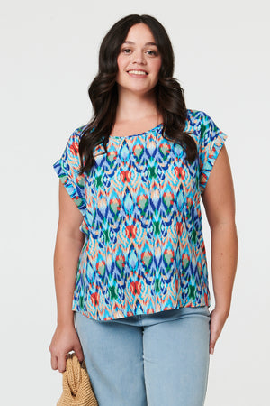 Blue | Curve Printed Cap Sleeve Relaxed Blouse
