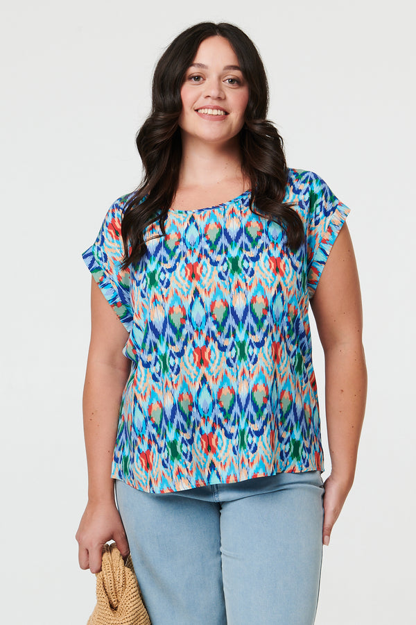 Blue | Curve Printed Cap Sleeve Relaxed Blouse
