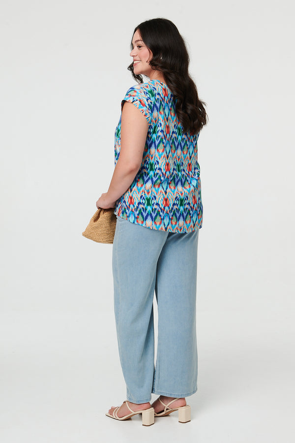 Blue | Curve Printed Cap Sleeve Relaxed Blouse
