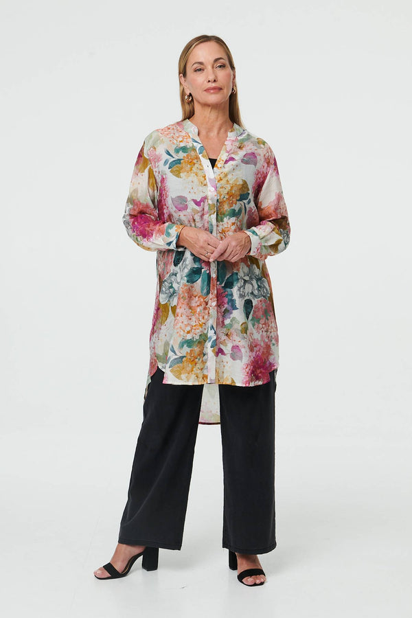 Pink | Floral Long Sleeve Longline V-Neck Shirt