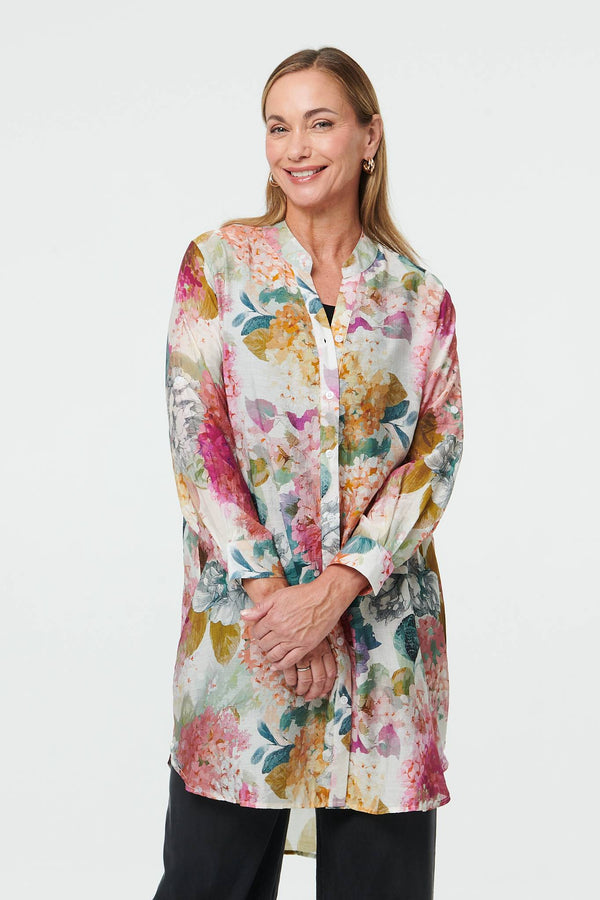 Pink | Floral Long Sleeve Longline V-Neck Shirt