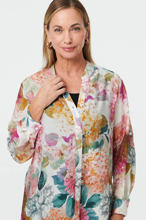 Pink | Floral Long Sleeve Longline V-Neck Shirt