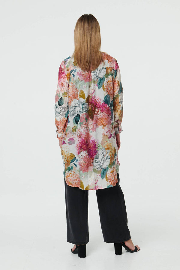 Pink | Floral Long Sleeve Longline V-Neck Shirt