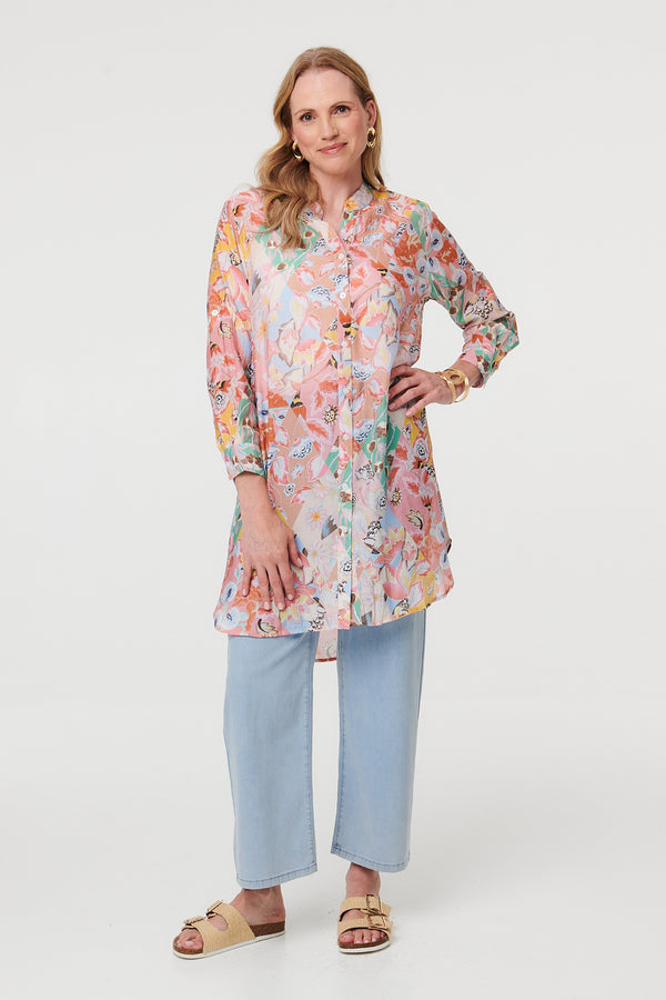 Pink | Floral V-Neck Long Sleeve Longline Shirt