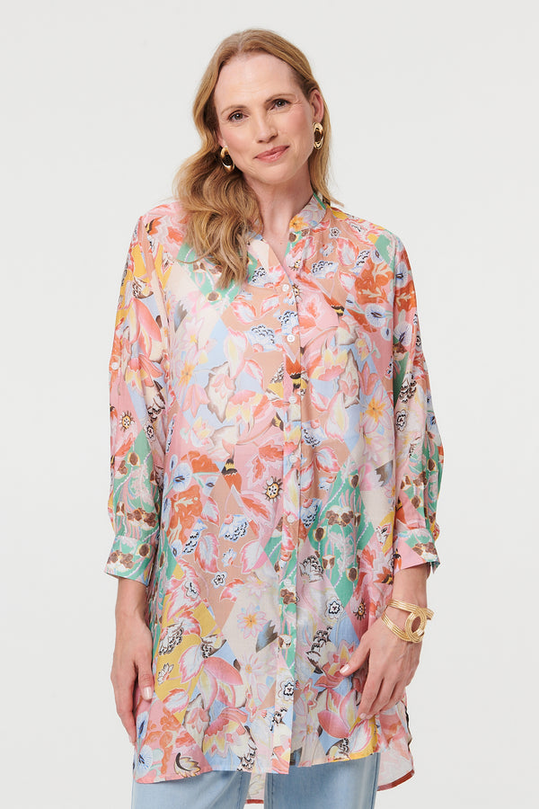 Pink | Floral V-Neck Long Sleeve Longline Shirt