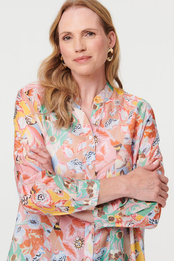 Pink | Floral V-Neck Long Sleeve Longline Shirt