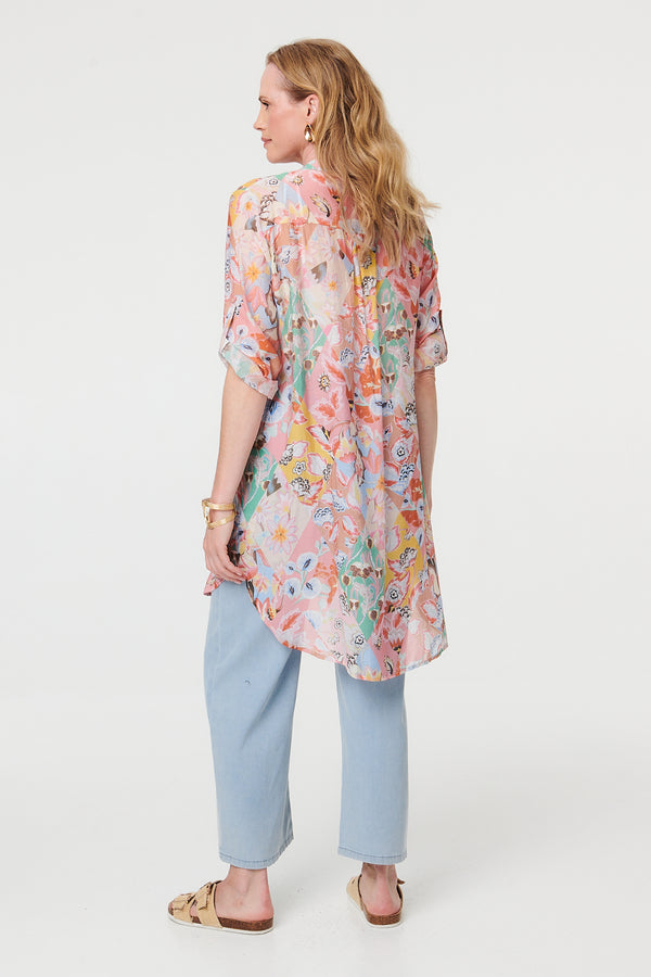 Pink | Floral V-Neck Long Sleeve Longline Shirt