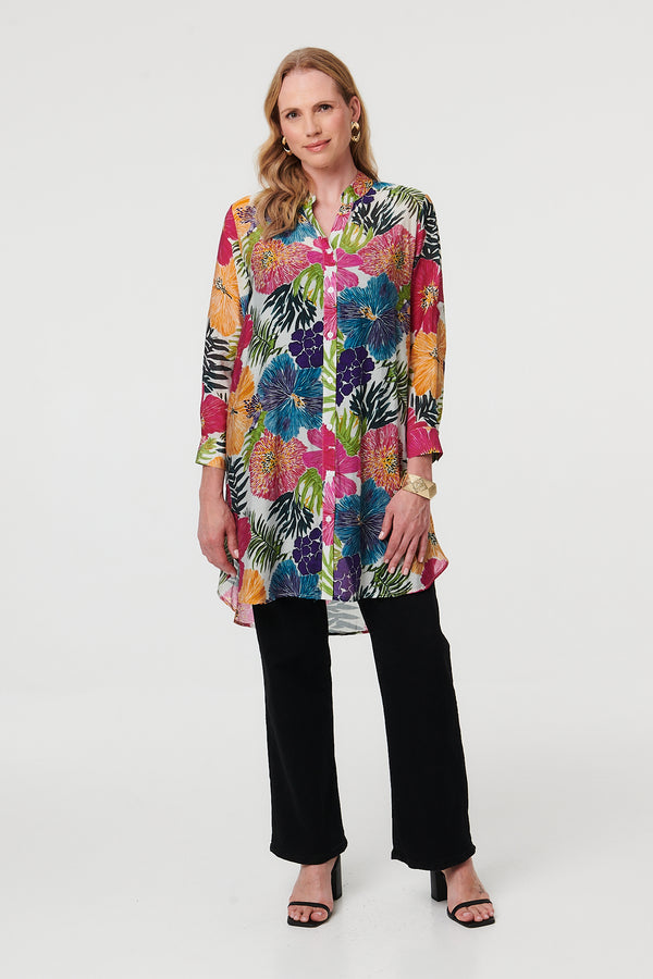 Pink | Floral Longline Long Sleeve Tunic Shirt