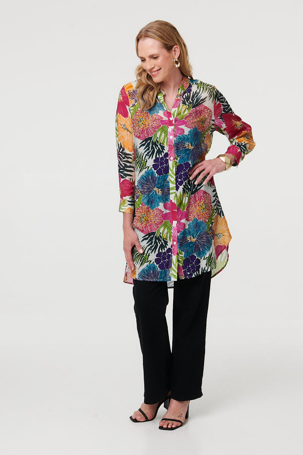 Pink | Floral Longline Long Sleeve Tunic Shirt