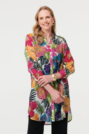 Pink | Floral Longline Long Sleeve Tunic Shirt
