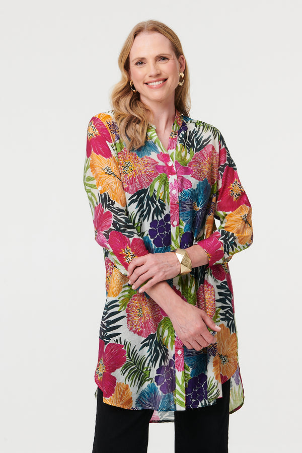 Pink | Floral Longline Long Sleeve Tunic Shirt