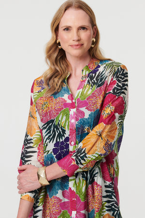 Pink | Floral Longline Long Sleeve Tunic Shirt