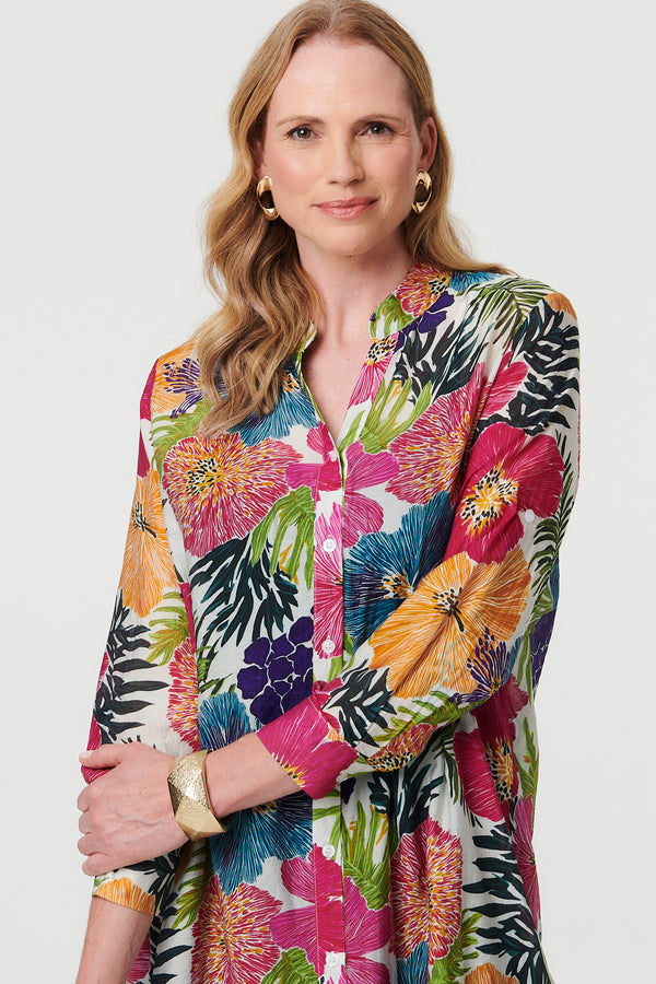 Pink | Floral Longline Long Sleeve Tunic Shirt