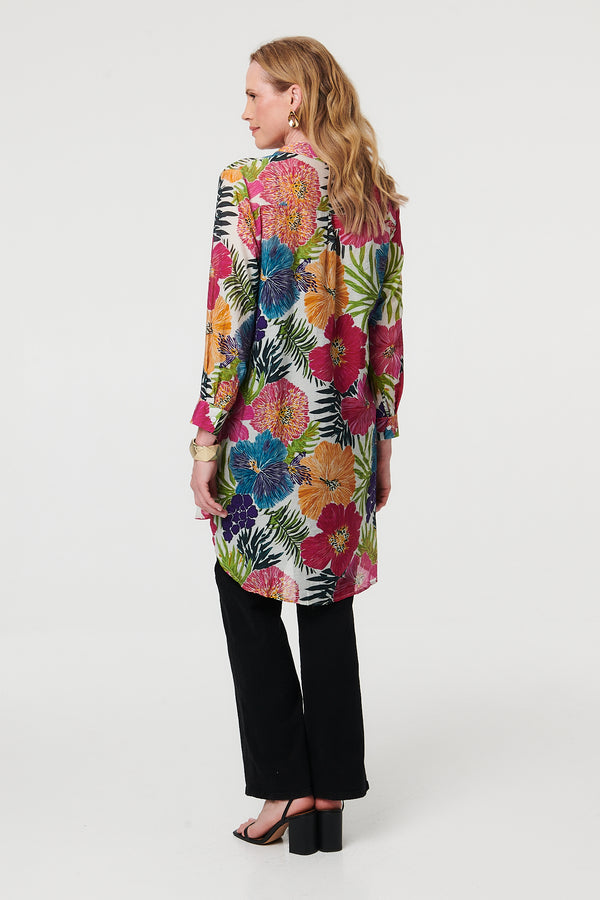 Pink | Floral Longline Long Sleeve Tunic Shirt