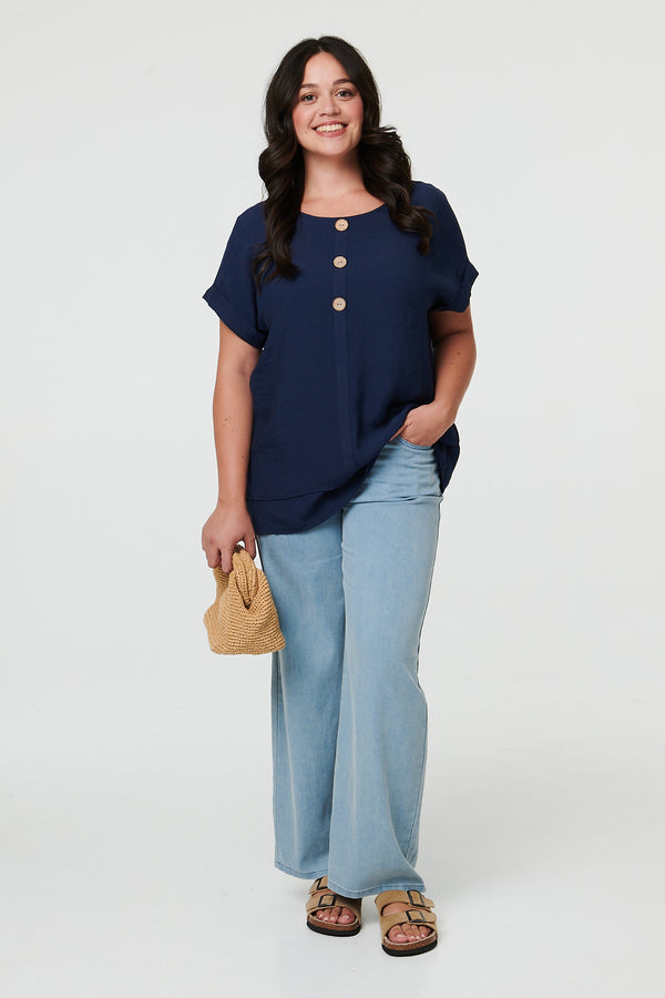 Navy | Curve Layered Short Sleeve Tunic Top
