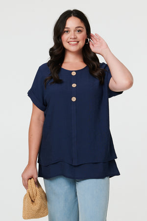 Navy | Curve Layered Short Sleeve Tunic Top
