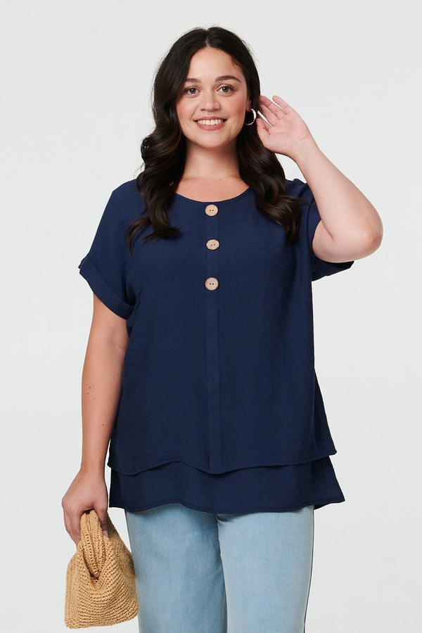 Navy | Curve Layered Short Sleeve Tunic Top
