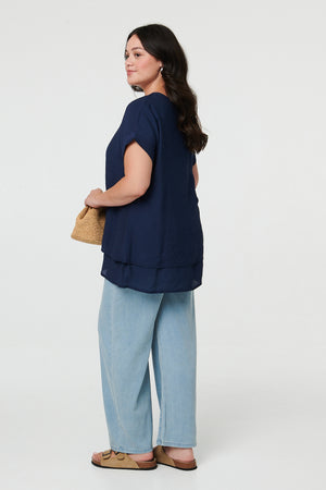 Navy | Curve Layered Short Sleeve Tunic Top
