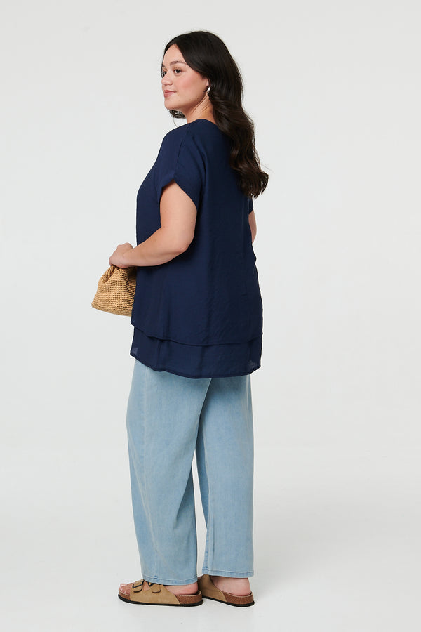 Navy | Curve Layered Short Sleeve Tunic Top
