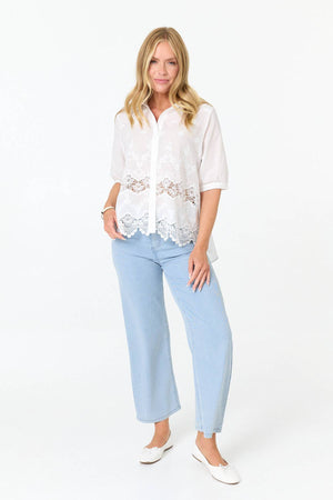 White | Lace Hem Relaxed 3/4 Sleeve Shirt