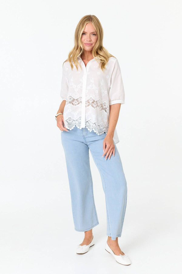 White | Lace Hem Relaxed 3/4 Sleeve Shirt
