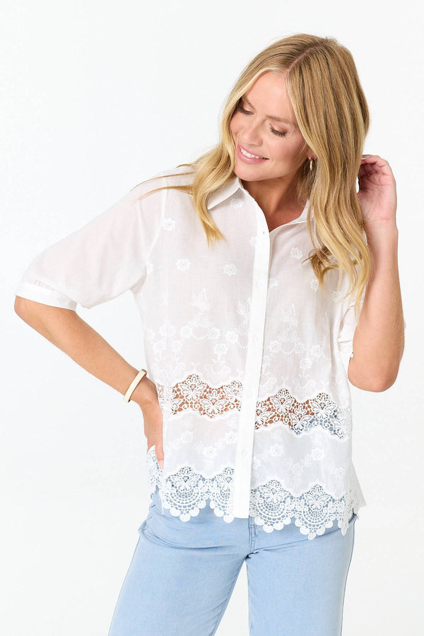 White | Lace Hem Relaxed 3/4 Sleeve Shirt
