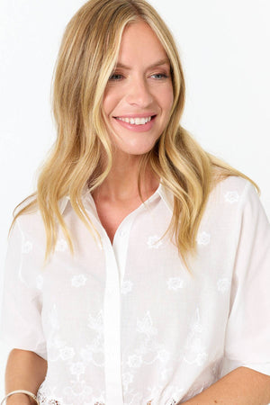 White | Lace Hem Relaxed 3/4 Sleeve Shirt